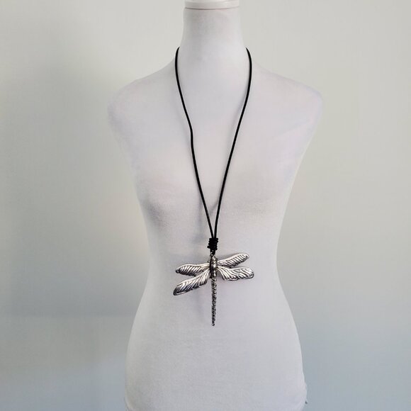 Elegant Large Silver Dragonfly Pendant on Long Leather Cord Necklace Rustic Look - Picture 2 of 12